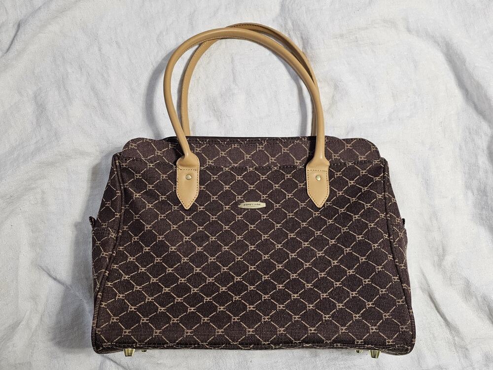VTG Pierre Cardin Monogram Tote Bag Brown Canvas Laptop Work Shoulder Handbag